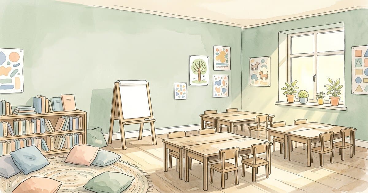 Watercolour and ink illustration of a calm empty UK primary classroom in early morning light, with wooden desks, a reading corner with cushions, plants on the windowsill and abstract decorative posters.