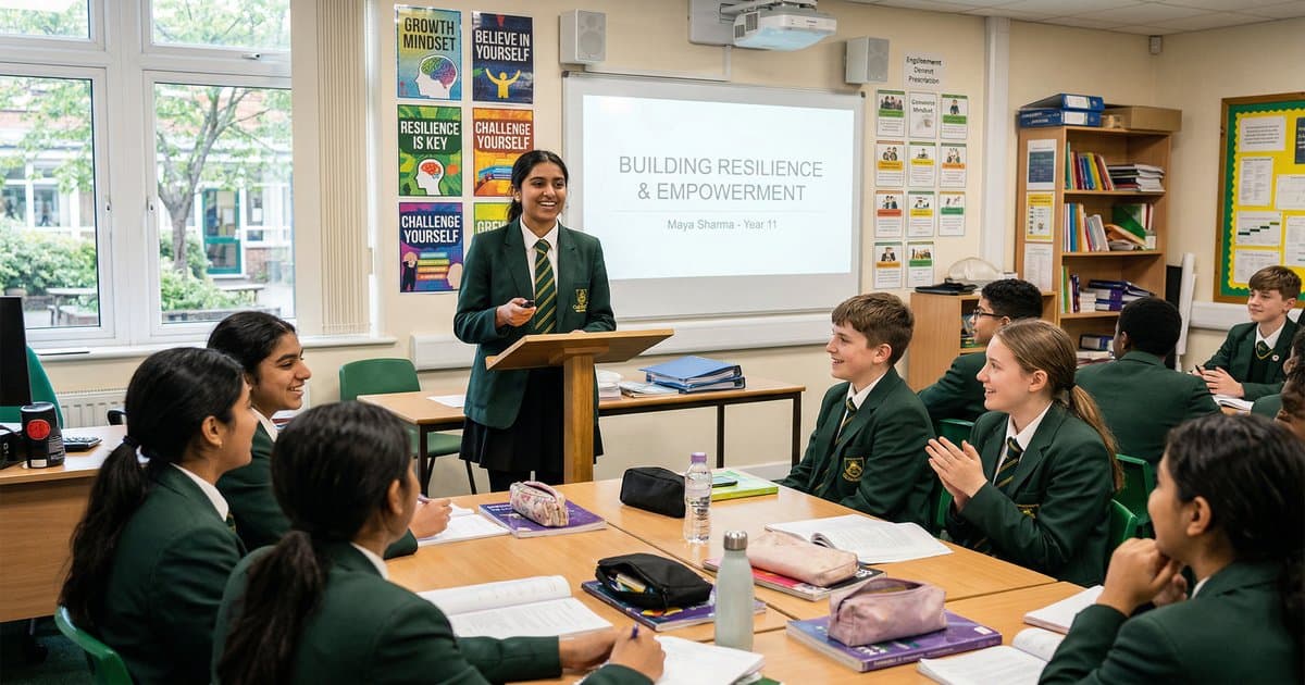 A teenage student confidently giving a presentation at the front of a classroom while supportive classmates watch