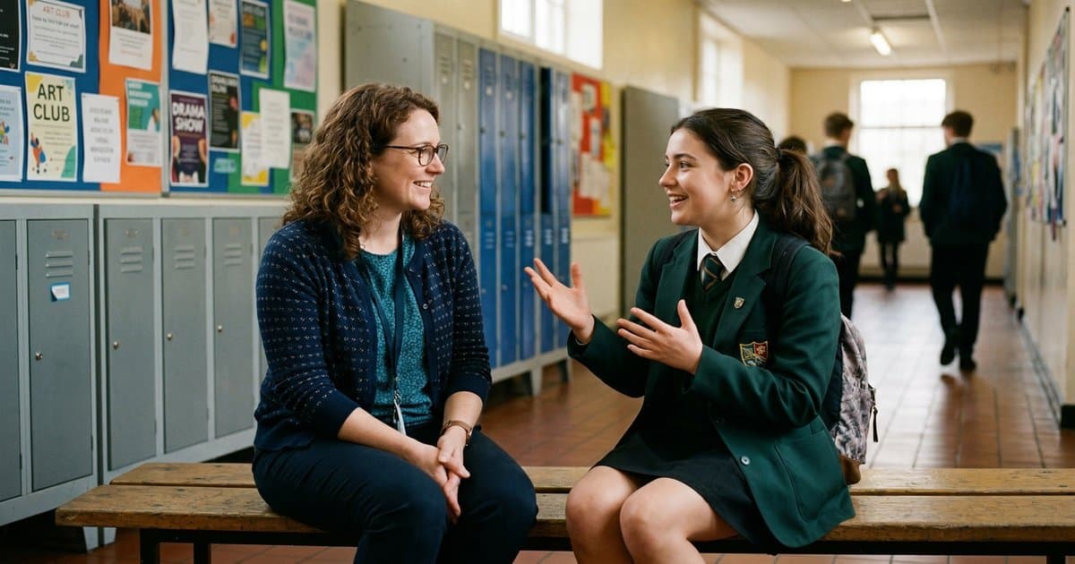A teacher sitting on a school bench listening attentively to a teenage student in a corridor