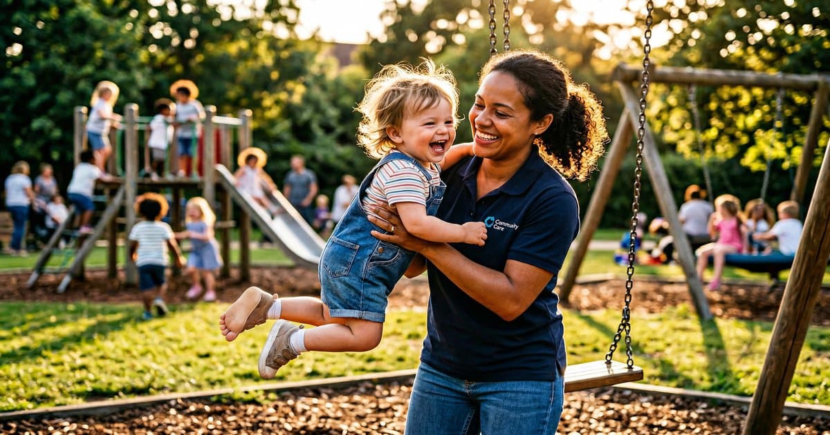 A care worker catching a laughing child on a playground swing on a sunny day