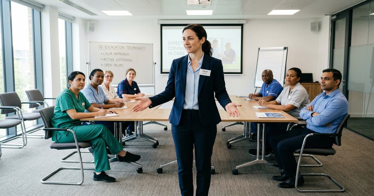 A trainer demonstrating calm de-escalation posture to care staff in a well-lit training room