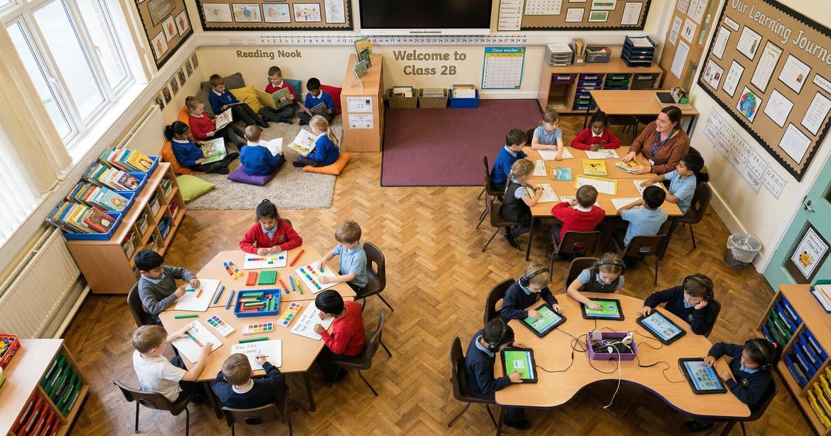 A bird's-eye view of a UK primary classroom showing different learning stations with children working in varied ways