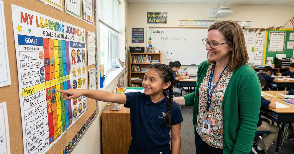 A student and teacher looking together at a goal-setting chart on a classroom wall