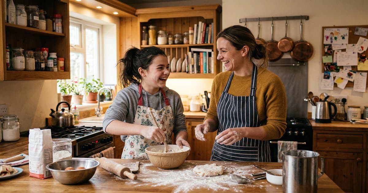 A care worker and young person cooking together in a warm kitchen in a residential children's home
