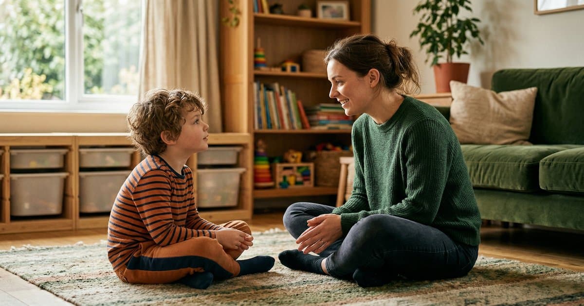 A care worker sitting on the floor at eye level with a young child in a home-like living room, demonstrating the PACE approach of attunement and genuine connection