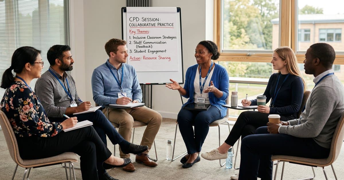School staff sitting in a circle during a collaborative CPD training session in a modern meeting room