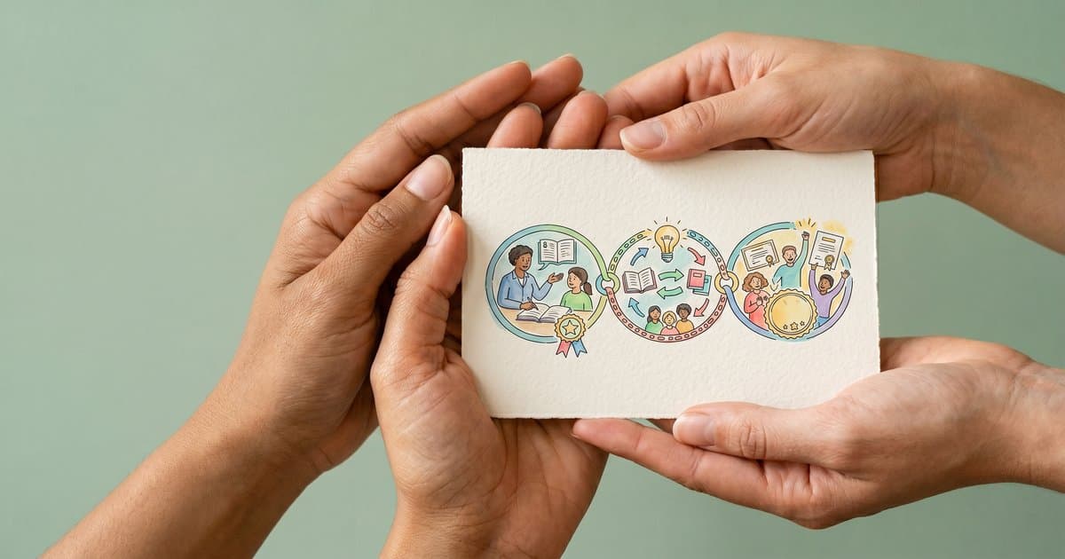 Hands holding an illustrated chain of three connected circles showing the cascade of PMVA training from trainer to trainees to certified staff