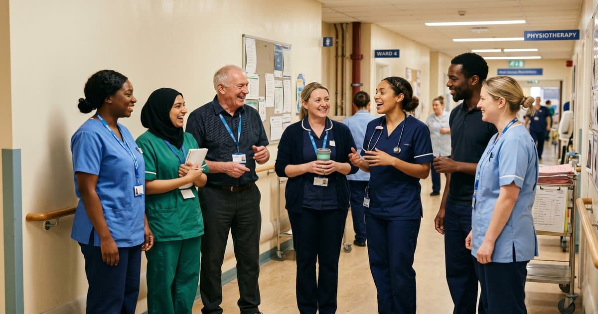 Agency nurses and care workers in scrubs talking in a warmly lit UK hospital corridor