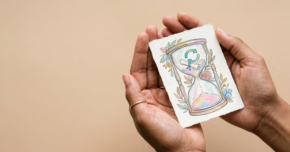 Hands holding an hourglass representing the duration and refresh cycle of PMVA training