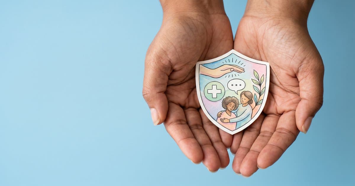 Hands cradling an illustrated shield representing prevention-led PMVA training in healthcare