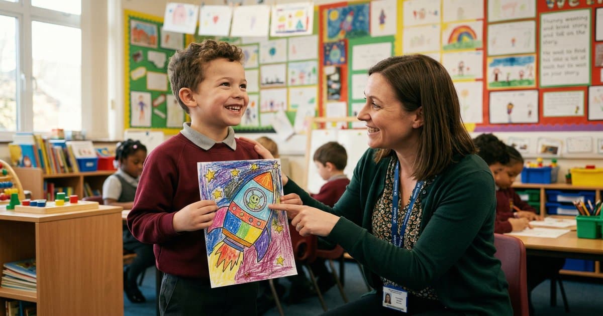 A primary school child showing artwork to their teacher who responds with genuine warmth and praise