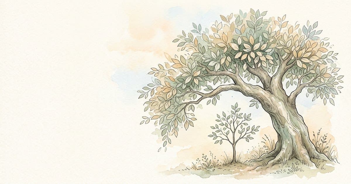 Hand-painted watercolour illustration of a large mature tree leaning protectively over a small young sapling. A metaphor for adult availability and showing up consistently for children.