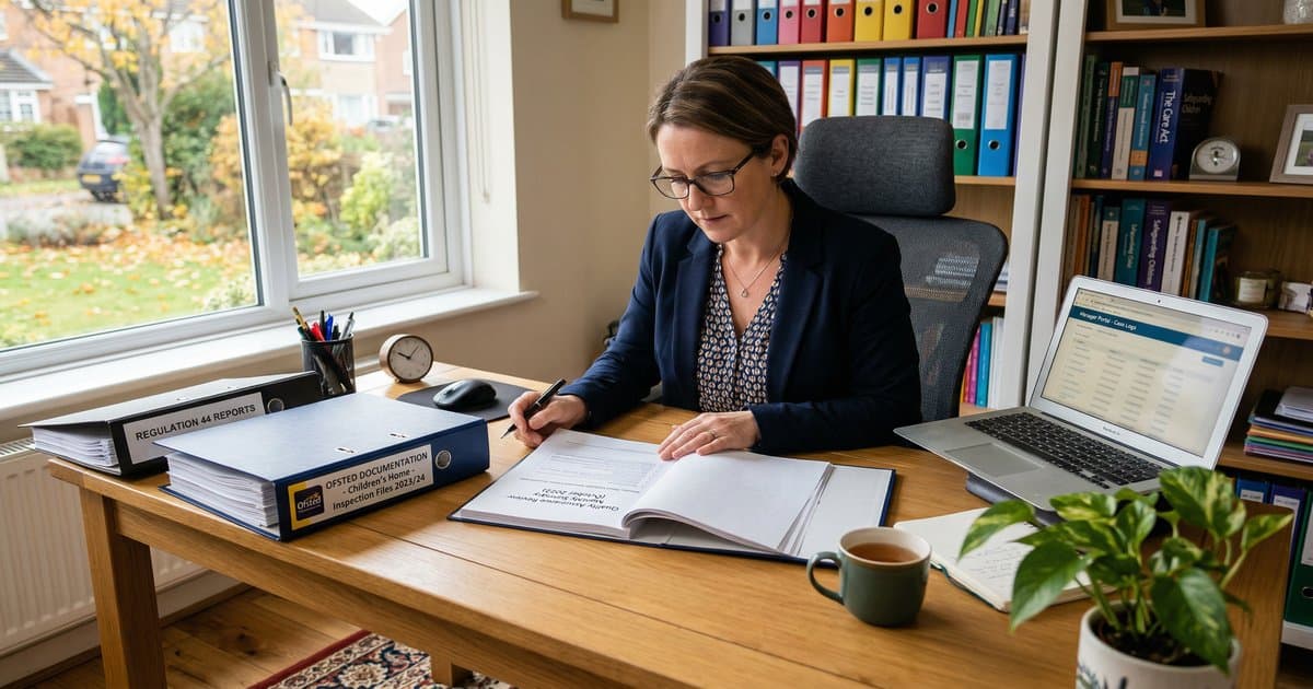 A registered manager reviewing Ofsted documentation and quality assurance files at a desk