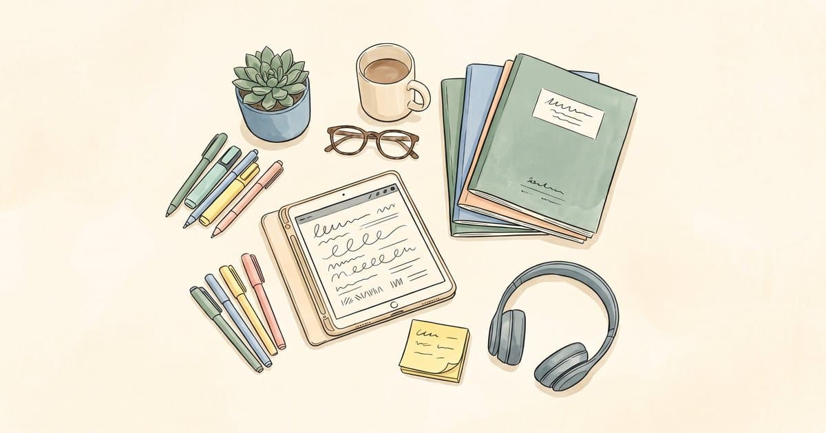 Overhead flat-lay illustration of a UK secondary school teacher's technology setup with a tablet, exercise books, headphones and pens