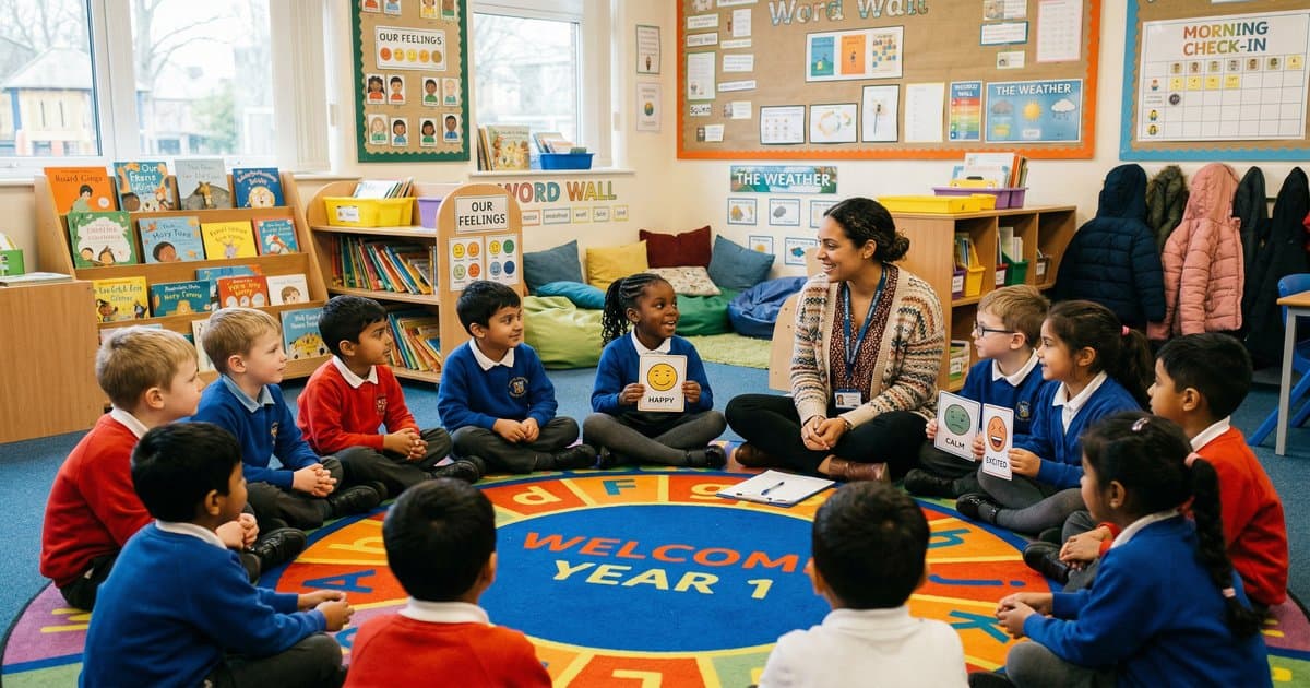 Primary school children sitting in a circle with their teacher during a morning check-in, holding emotion cards
