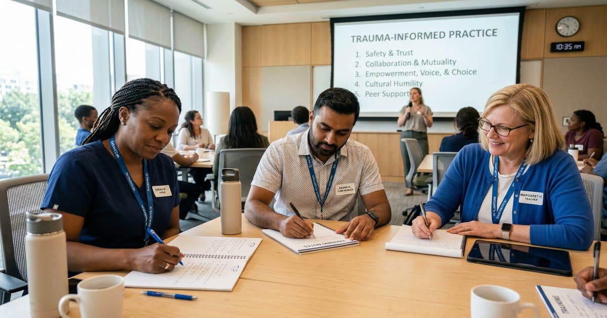 Professionals in a training seminar engaged and taking notes during a trauma-informed practice presentation