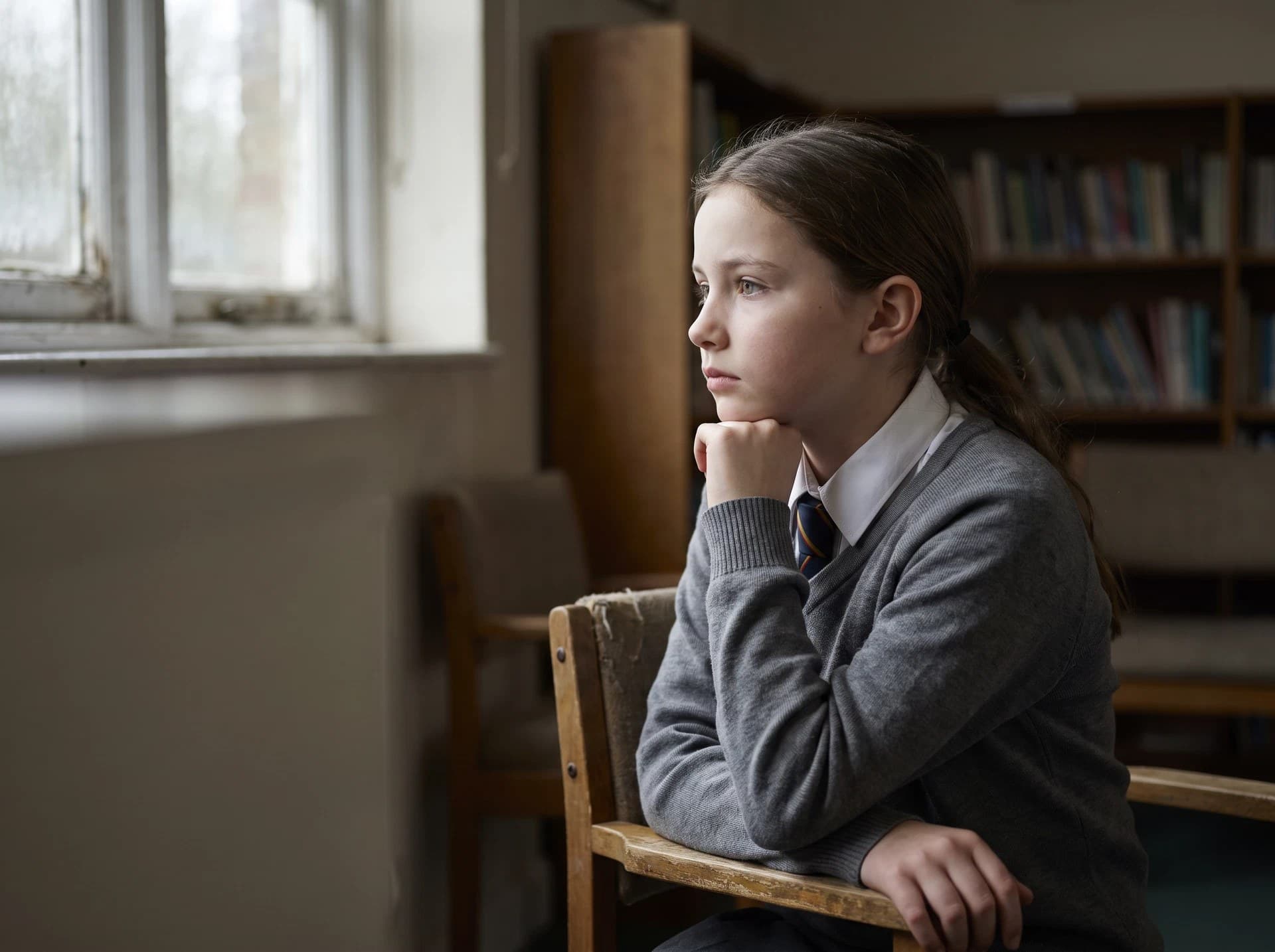 A teenager in school uniform, the locked library metaphor