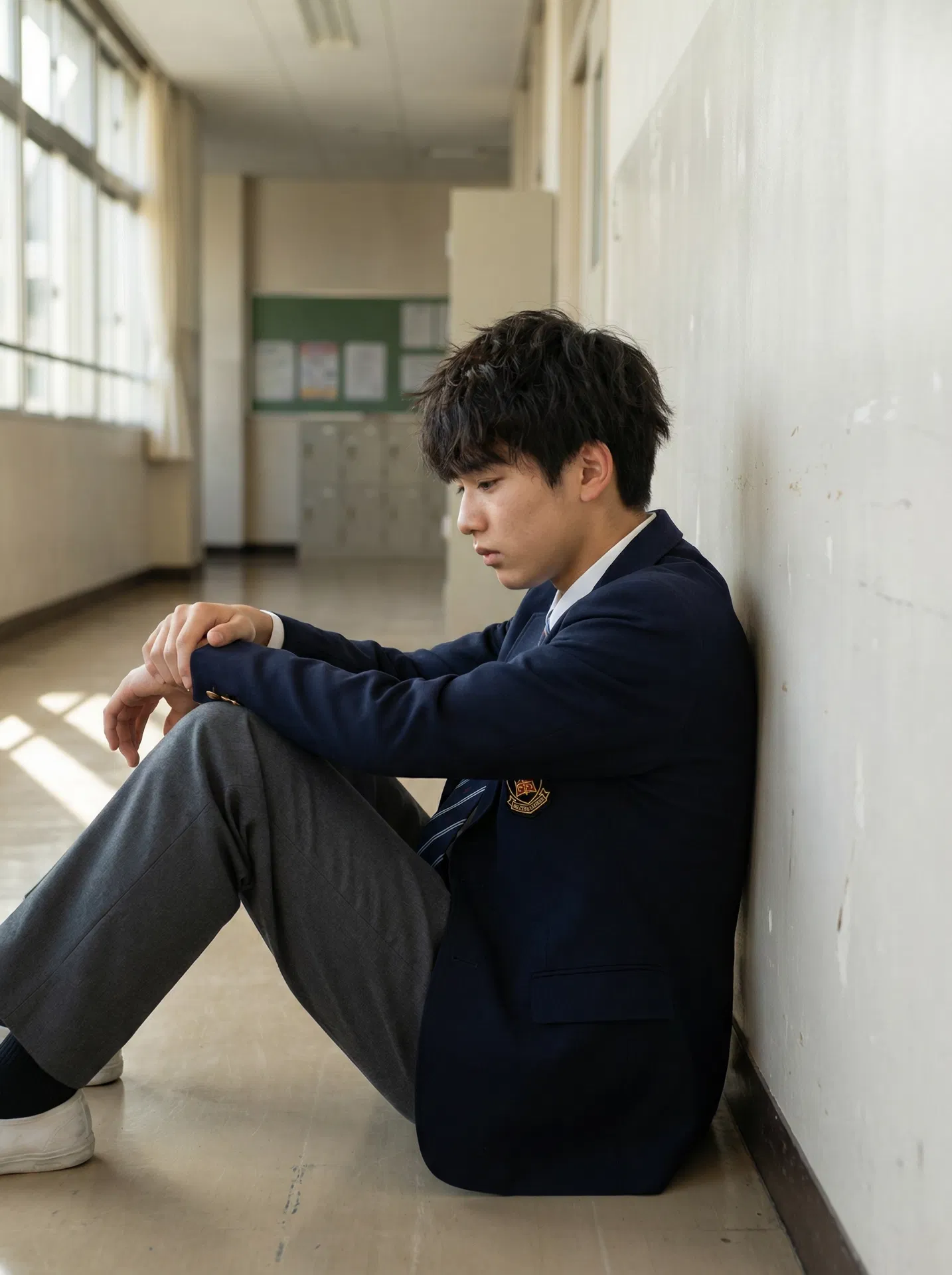 A teenager in school uniform, the locked library metaphor