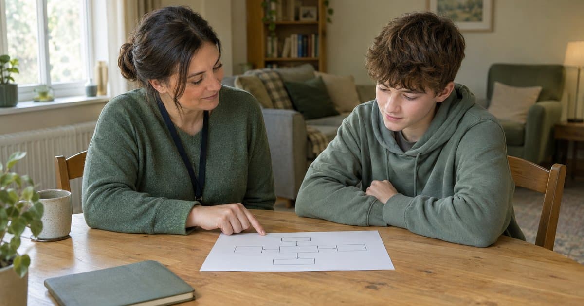Care practitioner and young person reviewing an induction and safety plan together in a calm residential home
