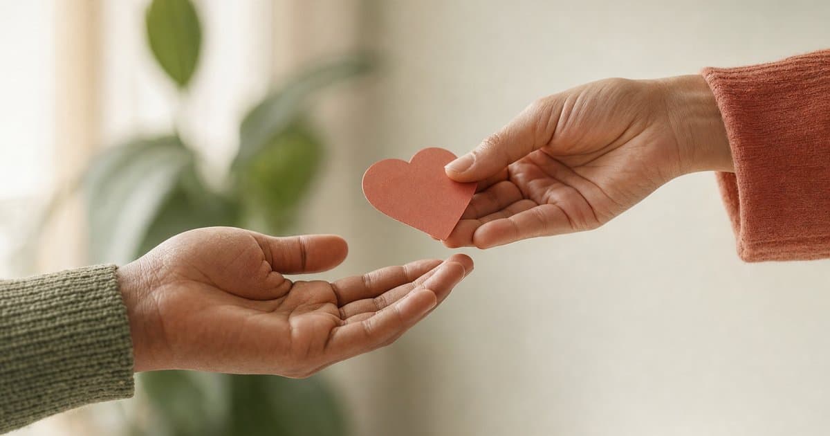Two open hands sharing a paper heart, symbolising trust, choice and repair in residential care