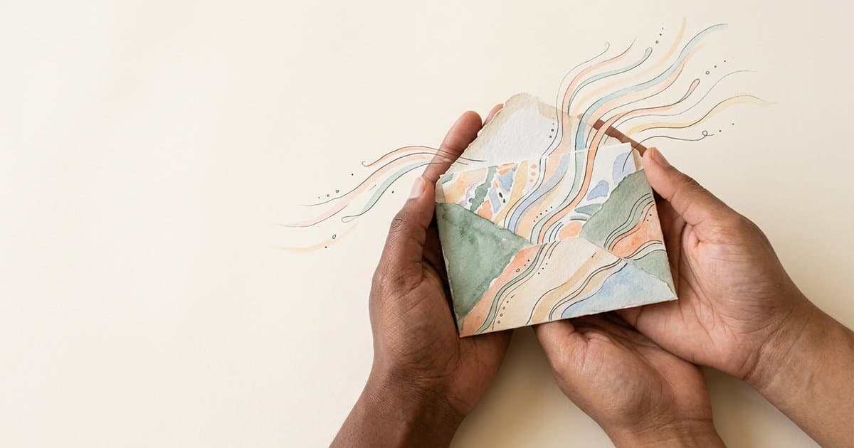 Two hands cradling a watercolour envelope with a folded letter and gentle warmth flowing out in soft pastel tones, suggesting family communication and rebuilding trust