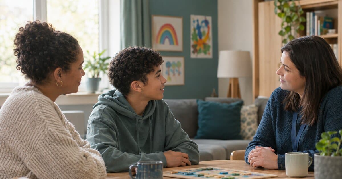 A young person speaking with a family member and a trusted care practitioner around a table in a calm, welcoming room