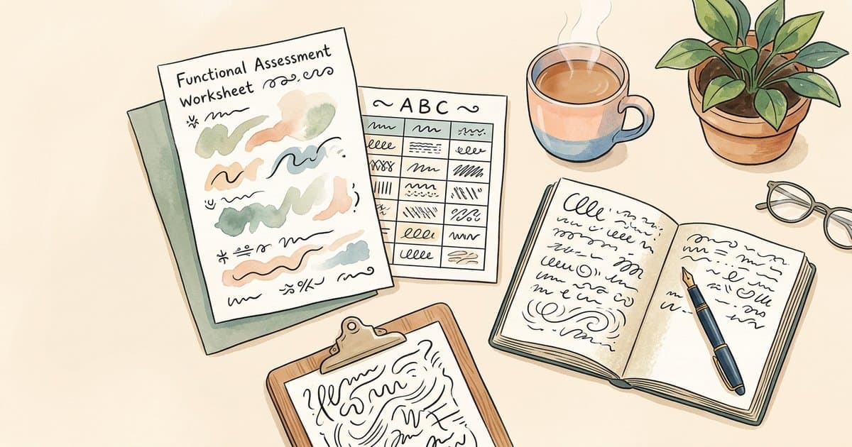 Overhead flat-lay illustration of PBS functional assessment paperwork, ABC chart, notebook and mug on a soft pastel desk