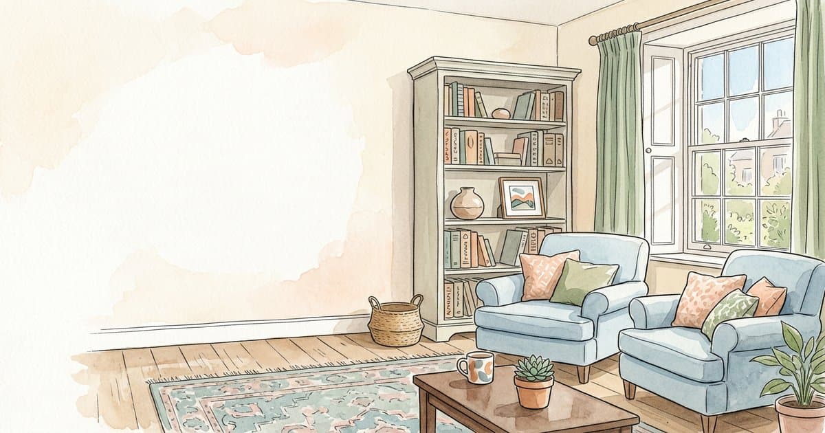 Watercolour illustration of an empty homely UK children's residential home living room with two soft armchairs facing each other, soft pastel palette