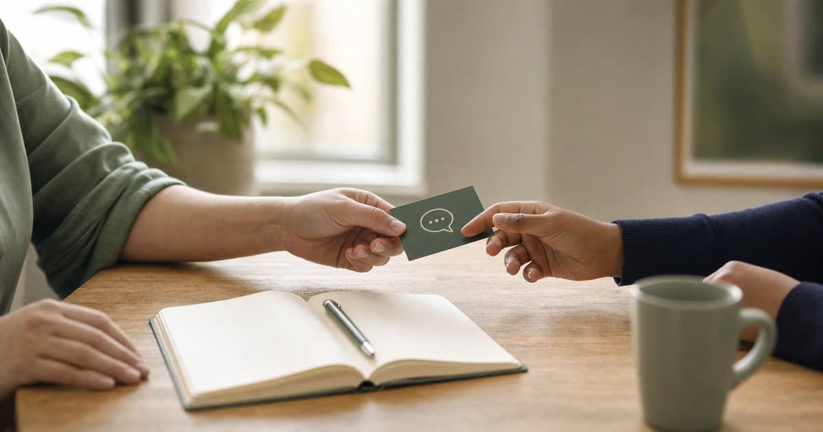 Two people sharing a communication card across an open notebook in a calm children's home setting, representing advocacy and being heard after physical intervention