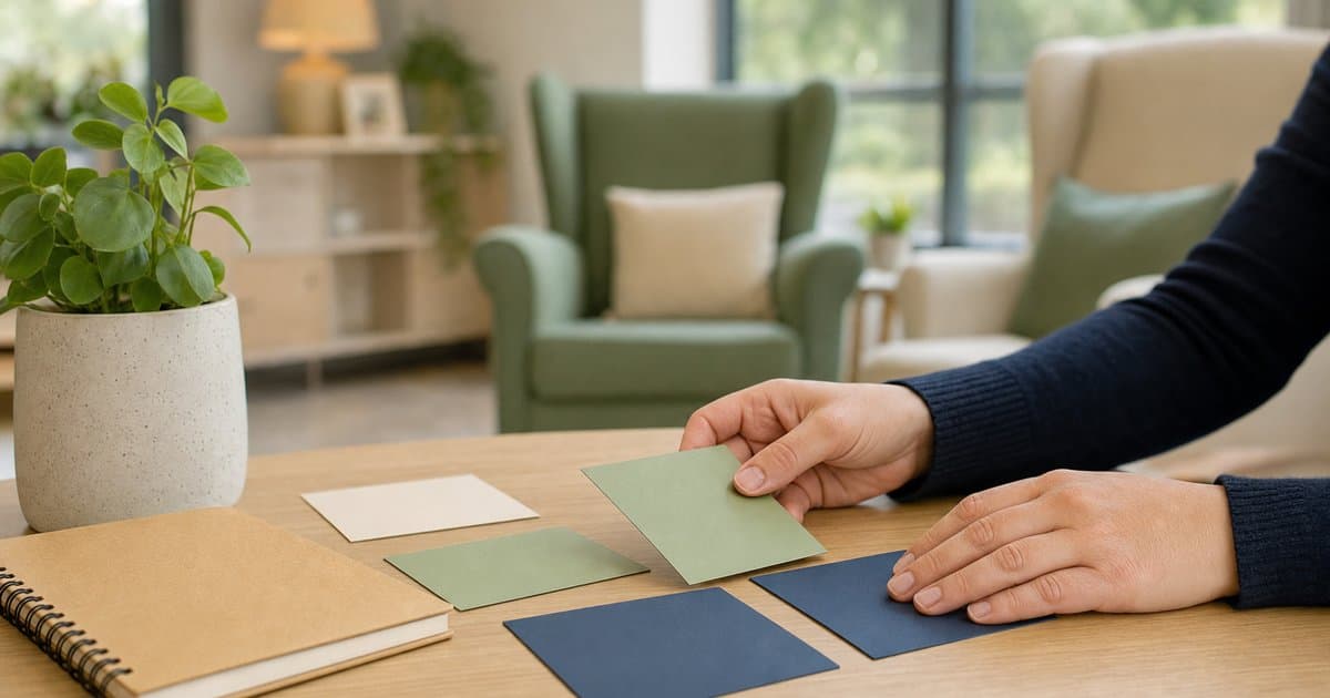 Supportive adult hands arranging blank cards and a notebook in a welcoming residential lounge, representing a child-centred physical intervention risk assessment.