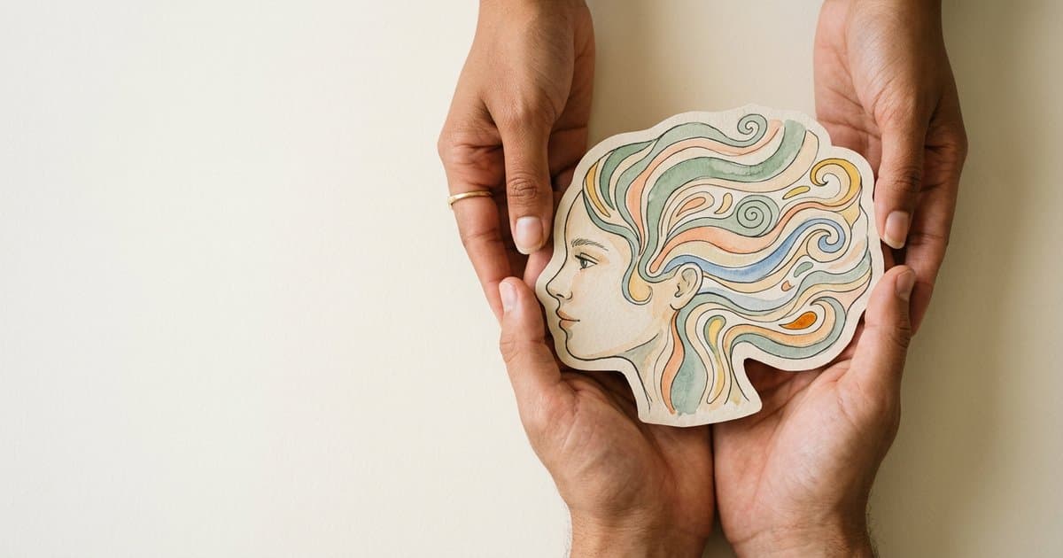 Two hands cradling a watercolour illustration of a child's profile with gentle sensory patterns in pastel tones, suggesting SEND, neurodiversity and sensory experience
