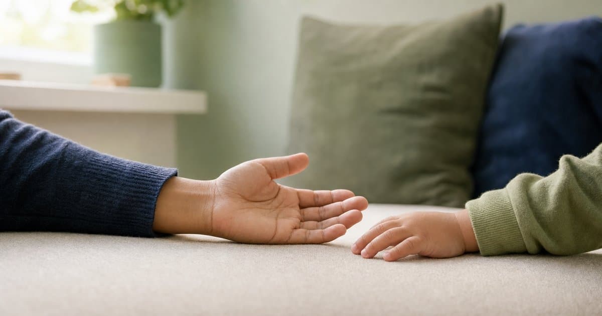 An adult offers an open hand near a young child’s hand in a calm, supportive setting