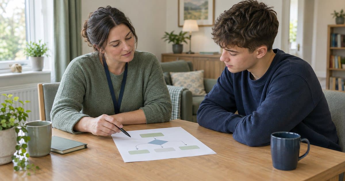Care practitioner and young person reviewing a safeguarding decision pathway together in a calm residential home