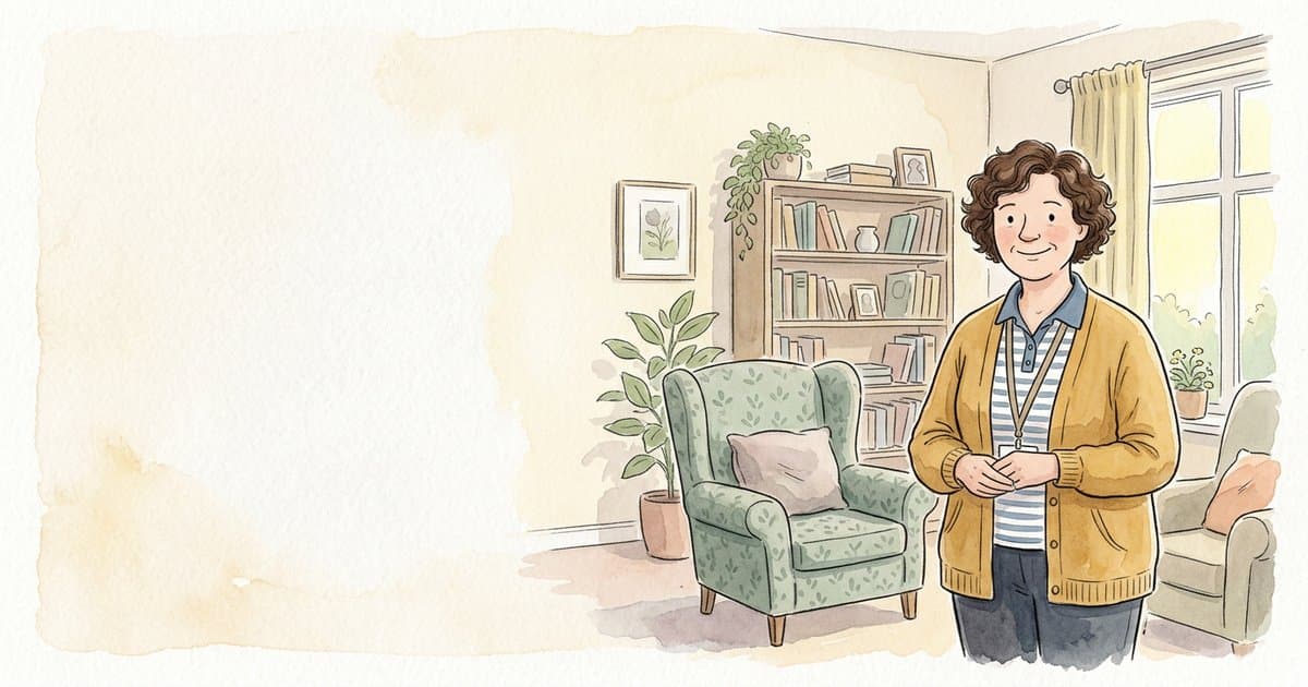 Watercolour illustration of a UK adult social care worker in a calm day centre setting, soft pastel palette