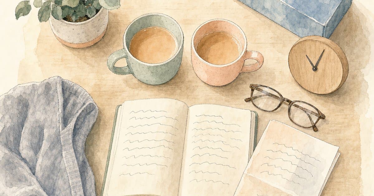 Overhead watercolour flat-lay of a supervision desk with two mugs of tea, an open notebook with wavy marks, cardigan, tissues, glasses and a small plant, soft pastel palette