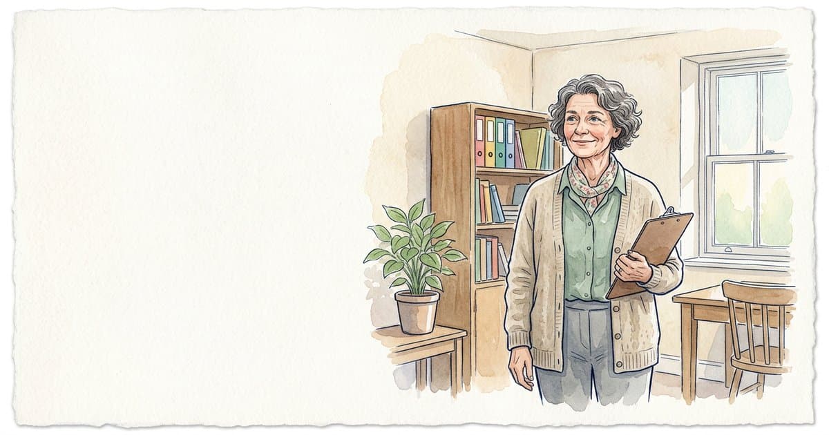 Watercolour illustration of a UK children's residential home registered manager with a clipboard in a cosy office corner, soft pastel palette