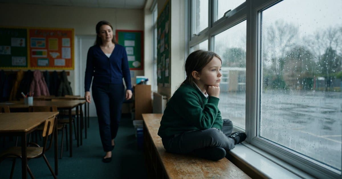 A contemplative child sitting by a rain-streaked window in school as a teacher approaches gently in the background