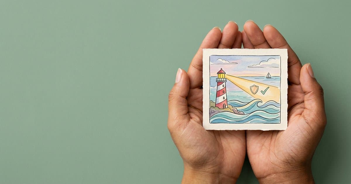 Hands cradling a watercolour lighthouse shining a gentle beam with a small shield and checkmark, symbolising prevention-led positive handling and safer support.