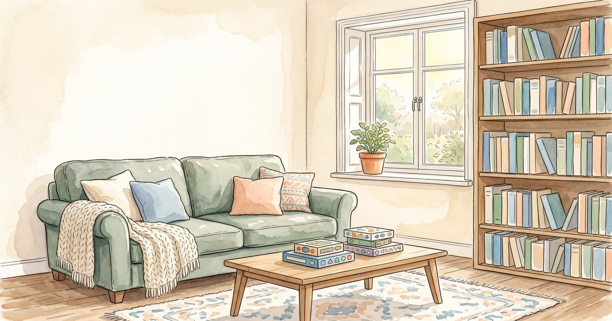 Watercolour illustration of a calm children's home living room, representing secure attachment in residential care