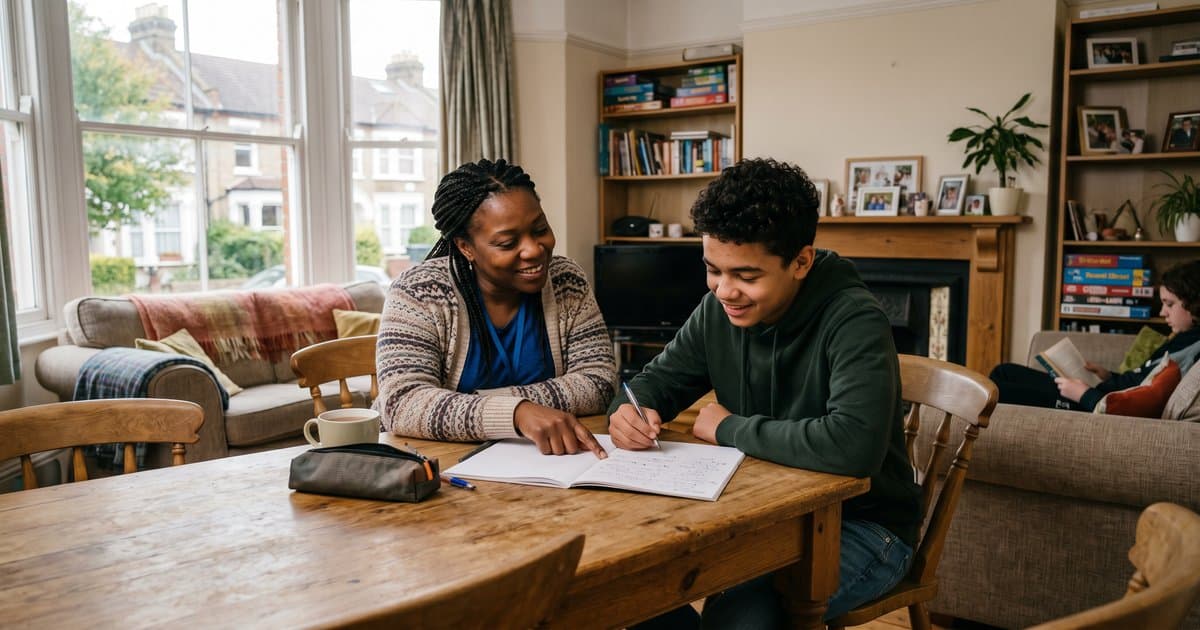 A care worker and young person reviewing a behaviour support plan together in a warm, homely children's home living room