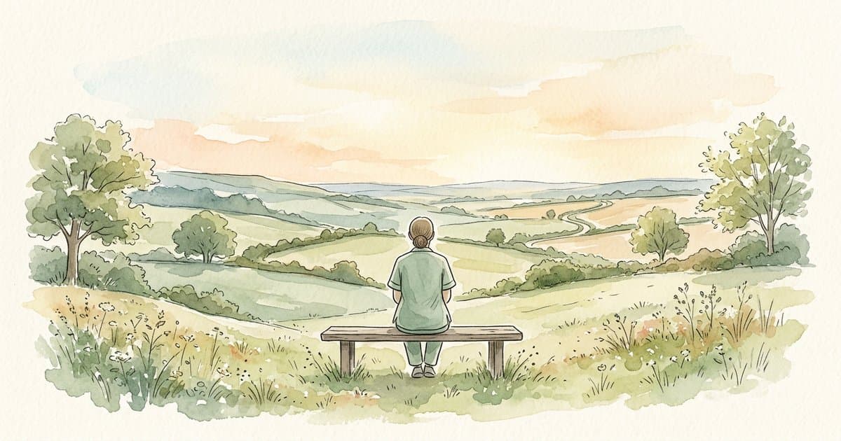 Watercolour illustration of a care professional in soft sage scrubs sitting alone on a low wooden bench, looking out across calm British countryside under a pale yellow morning sky. A reflective moment after a busy shift.