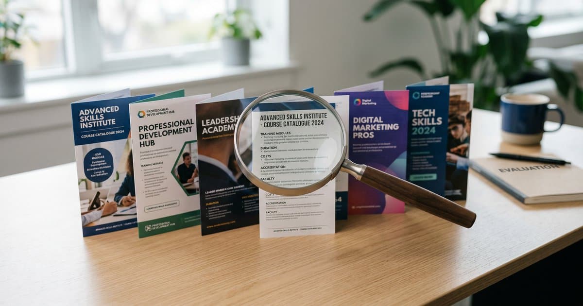 A magnifying glass hovering over training provider brochures on a desk