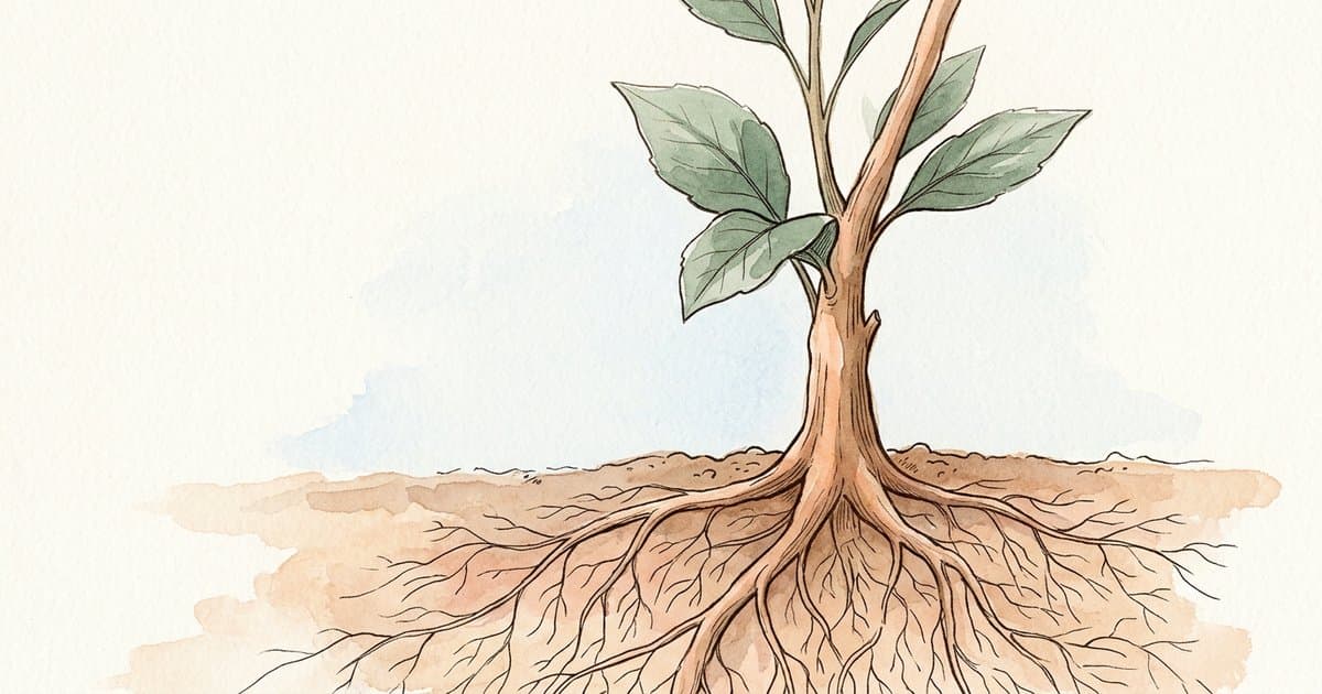 Hand-painted watercolour and ink illustration of a young sapling with strong, deep roots spreading wide below the soil. A metaphor for safer training that takes root in everyday practice.