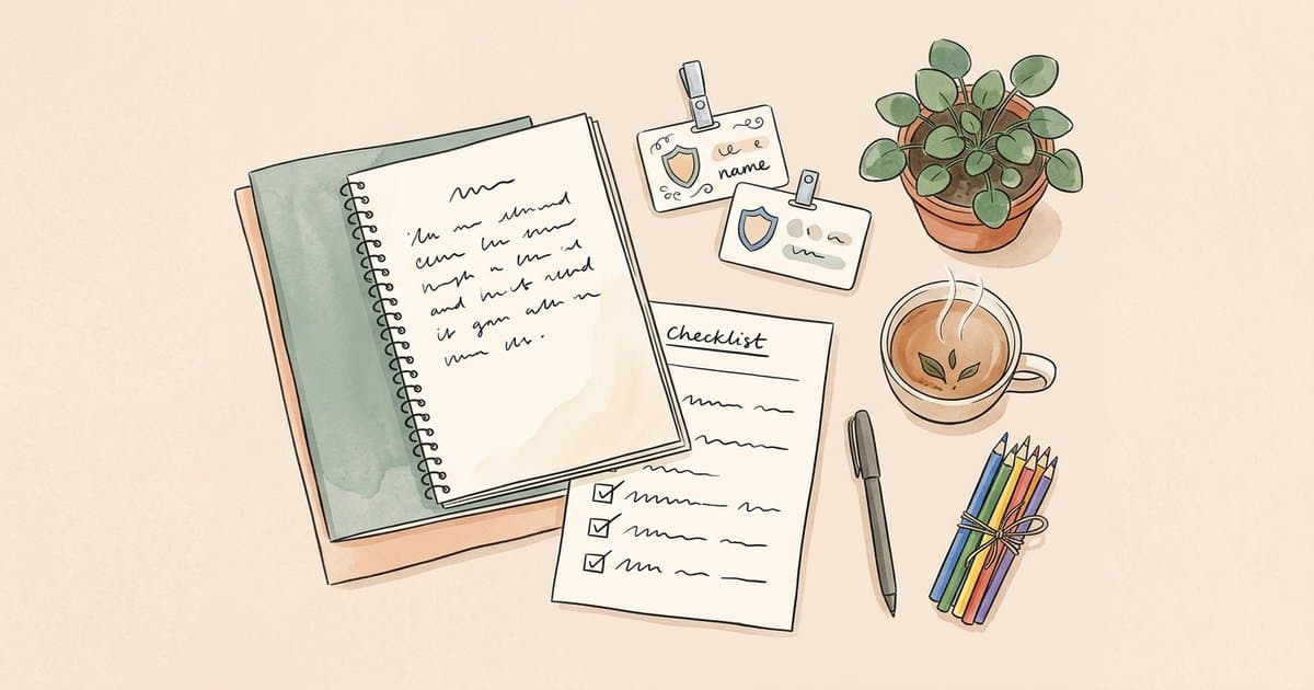 Watercolour flat-lay of a training workbook and checklist with abstract marks, representing staff training requirements in UK children's homes.