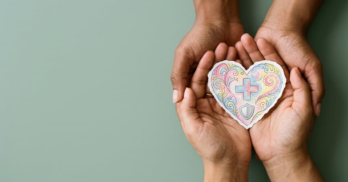 Two pairs of hands gently cradling a watercolour paper heart with a subtle medical cross and a small safety shield, symbolising safe, dignified clinical holding training.
