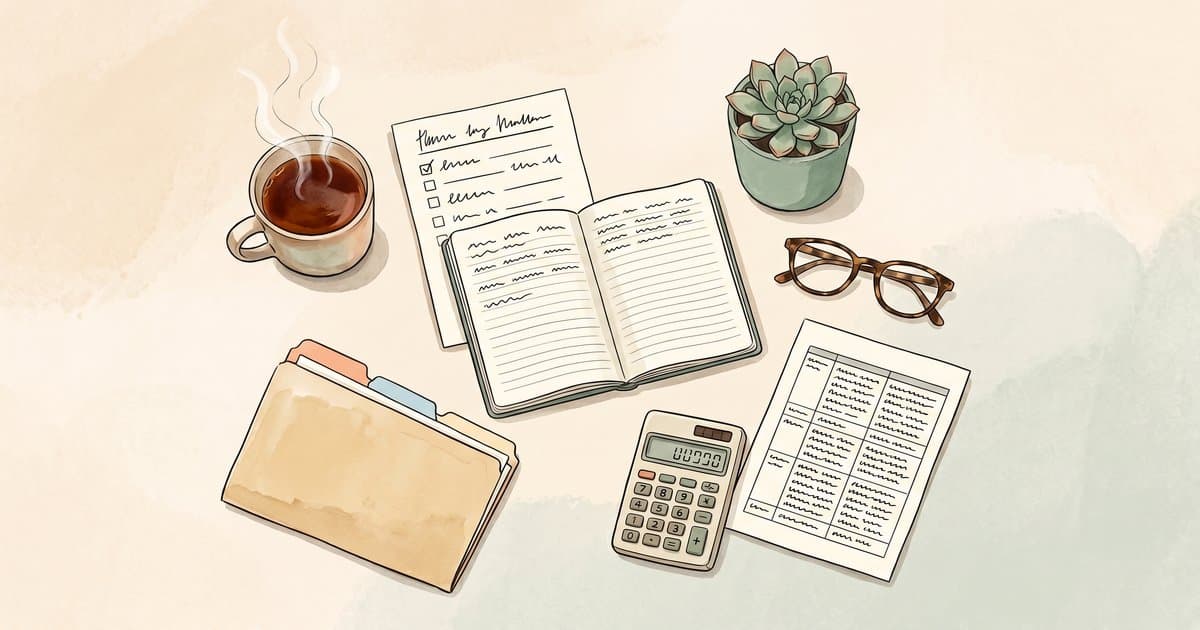 Watercolour flat-lay of a commissioner's checklist and documents, representing certified restrictive intervention training procurement