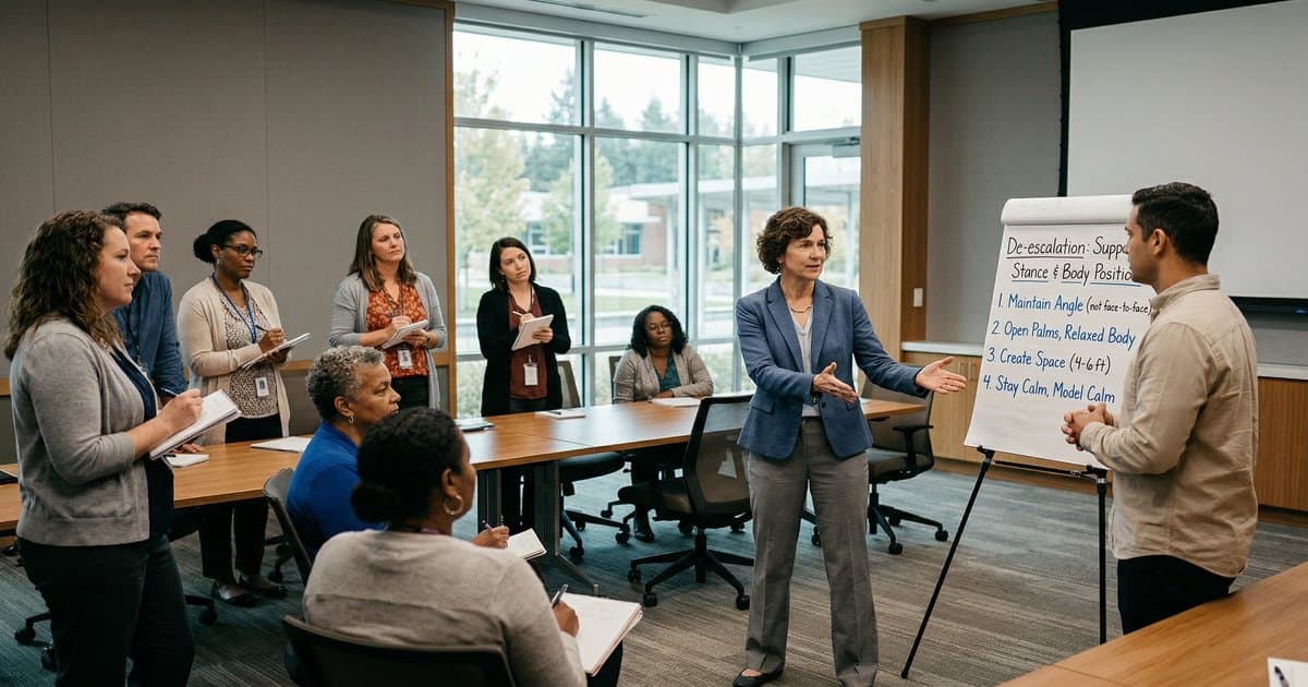 An instructor demonstrating de-escalation positioning to a group of school staff in a professional training room