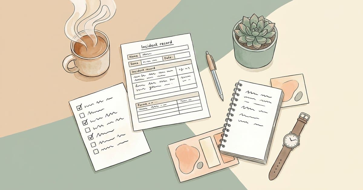Watercolour flat-lay of an incident record form, checklist, notebook, pen, tea and desk items, representing clear de-escalation recording.