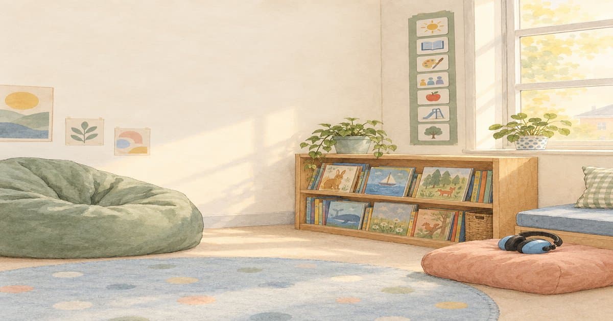 Watercolour illustration of a calm primary classroom corner with a beanbag, books and children's ear defenders