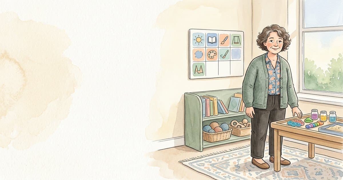Watercolour illustration of a UK teaching assistant beside a calm classroom resources table, representing practical de-escalation techniques.